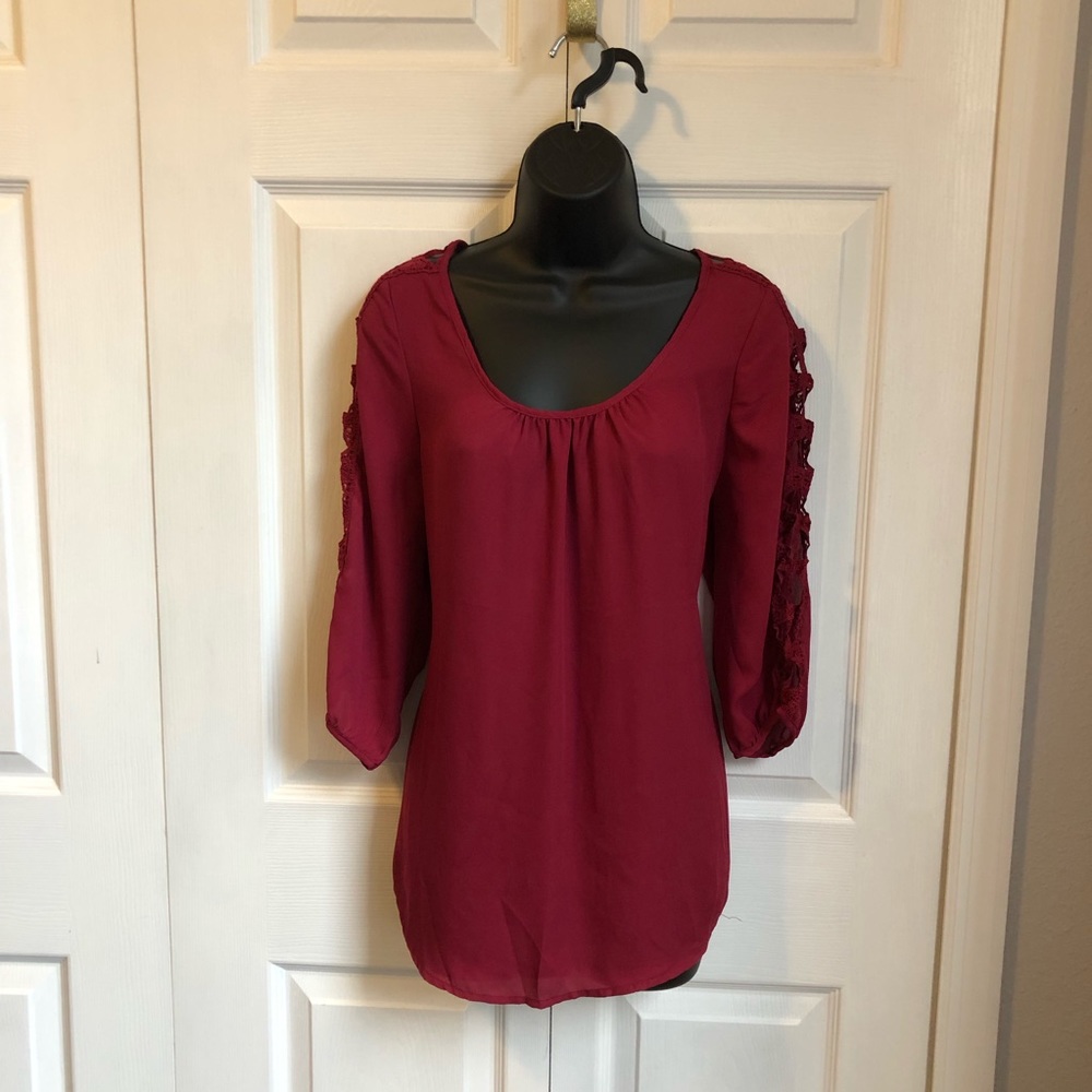 Large maroon sheer top with peekaboo lacing